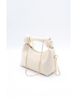 Women's Shoulder Bag with Knot Detail, Chain Strap and Small Shoulder Strap, Cream Color Women's Shoulder Bag with Knot Detail, Chain Strap and Small Shoulder Strap, Cream Color