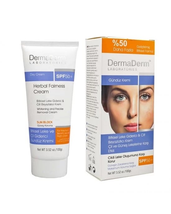 Dermaderm Beyazlatıcı Bitkisel Cilt Beyazlatıcı Krem, Gündüz Kremi, Beyazlatıcı Pigmentasyon Önleyici Güneş Koruyucu, SPF 50+, Value Pack 50% Extra, 100g