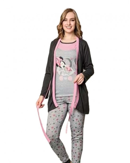 Turkish Women Pajamas Set with Minnie Mouse Design, Casual PJS, 3 Pieces