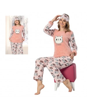 Turkish Women Pajamas, Fluffy Pajamas, Lovely Cat PJS, Free Eye Mask