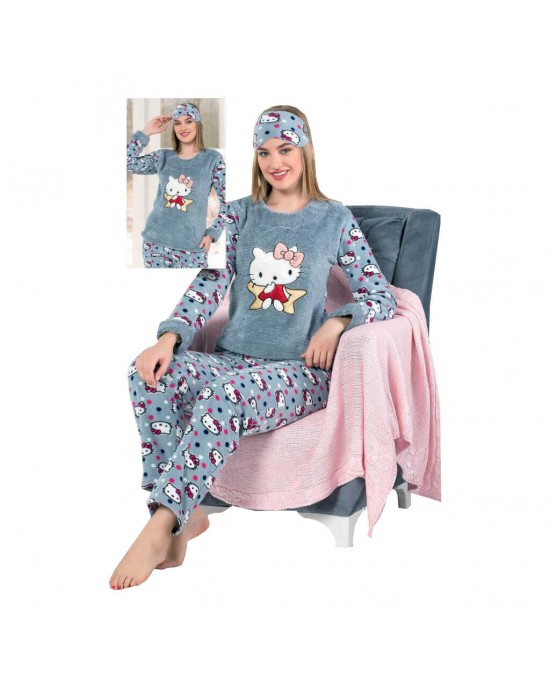 Turkish Women Pajamas, Fluffy Pajamas, Sweet Cat PJS, Free Eye Mask