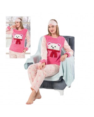 Women Pajamas Set, Turkish Women Pajamas, Pink Sleep Pajamas, Winter Style Turkish Pajamas, Cute Bear Pajamas, 2 pieces and Free Matching Eye Mask
