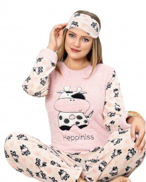 Turkish Women Pajamas, Fluffy Pajamas, Happy Cow PJS, Free Eye Mask