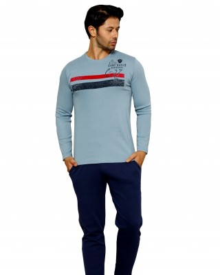 Türk Erkek Pijama, Uzun Kollu Pamuklu Pijama, Açık Mavi Renkli Pijama