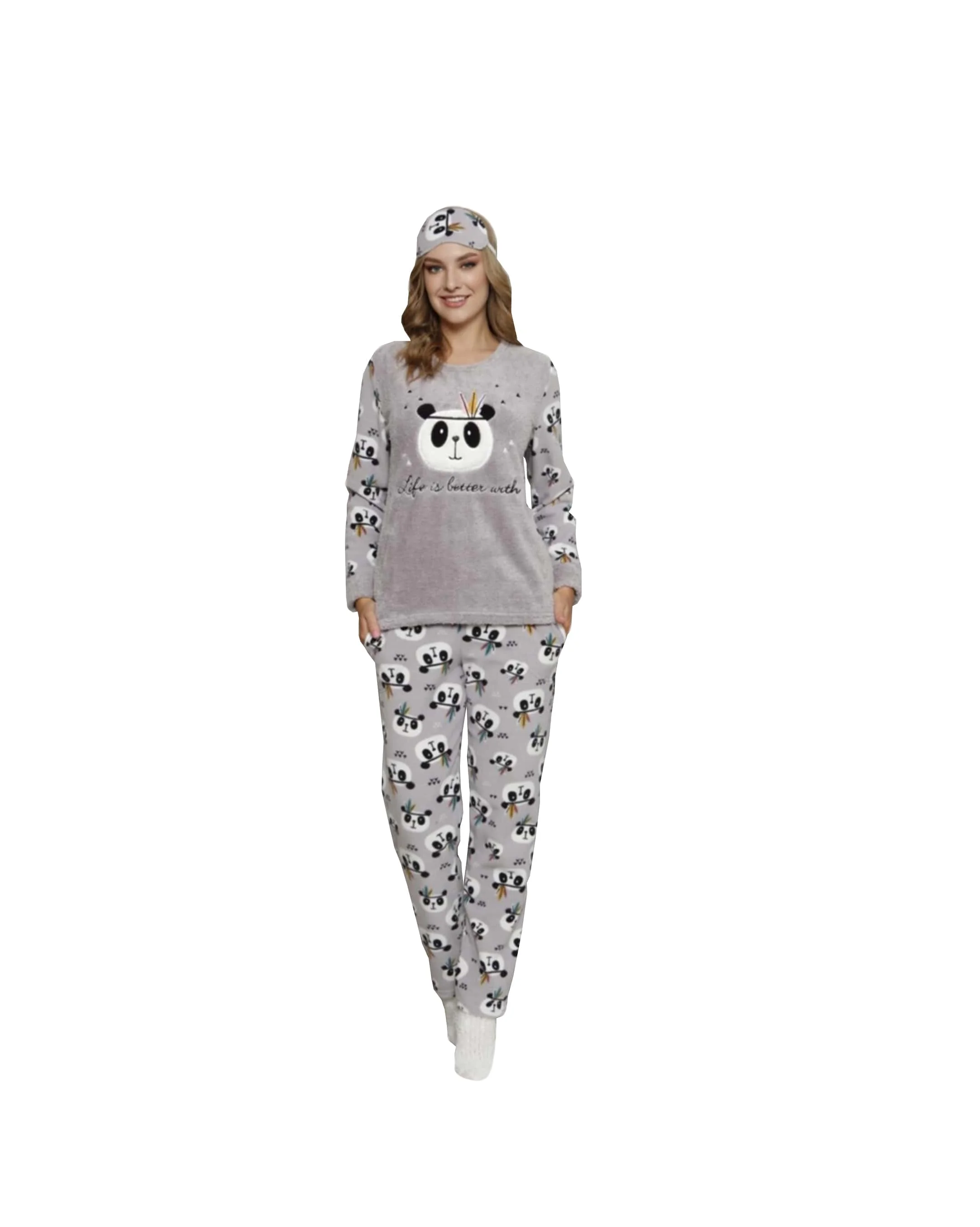 StyleTurk, Turkish Women's Winter Pajamas Set - Silver Fluffy Loungewear  with Long Sleeves and Crew Neckline