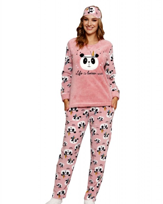 Turkish Women's Winter Pajamas in Radiant Pink - Cozy Loungewear with Long Sleeves and Eye Cover