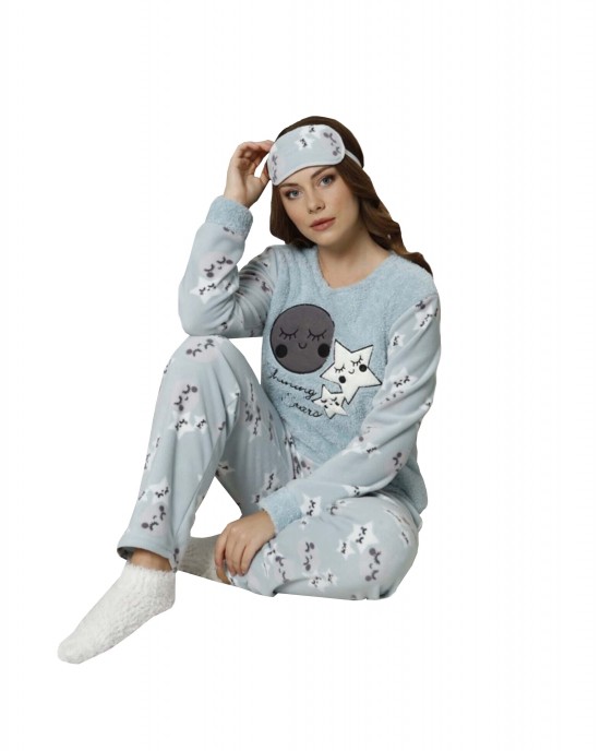 Winter Polar PJS, Turkish Women's Blue Loungewear Set for Cozy Nights