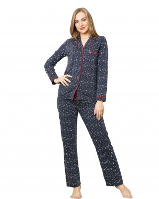 طقم بيجاما تركي للنساء - بيجامه كاجوال بأكمام طويلة, أزرق داكن 