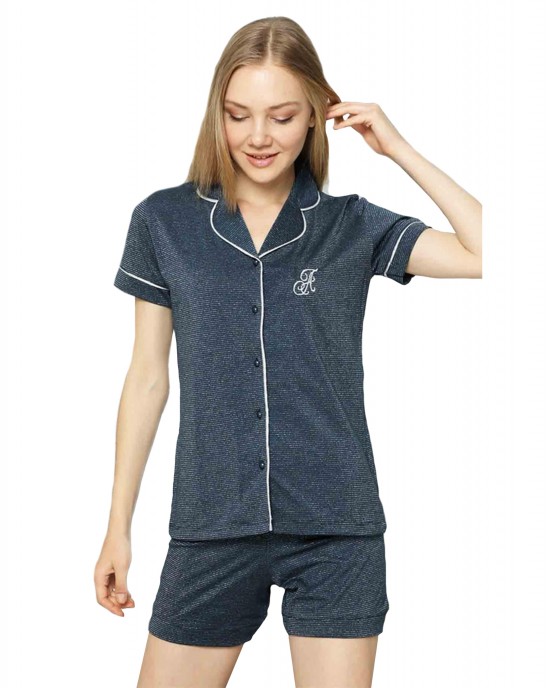 Versatile Comfort, Short-sleeved Button-Up Women's Pajama Set in Dark Blue