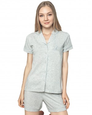 Chic Comfort, Silver Short-sleeved Button-Up Women's Pajama Set - Style Turk Loungewear Chic Comfort, Silver Short-sleeved Button-Up Women's Pajama Set - Style Turk Loungewear