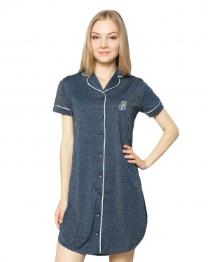 Dark Blue Buttoned One-Piece Turkish Women's Pajamas Set Dark Blue Buttoned One-Piece Turkish Women's Pajamas Set