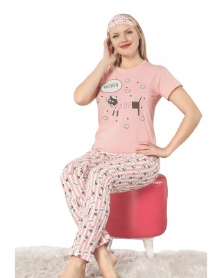 Pink Short Sleeve Turkish Women's Pajamas Set with Sleep Mask
