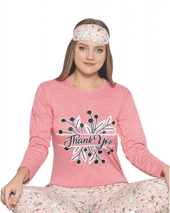 Turkish Women Pajamas Set with Sleep Mask - Pink Ensemble with Thank You Inscription