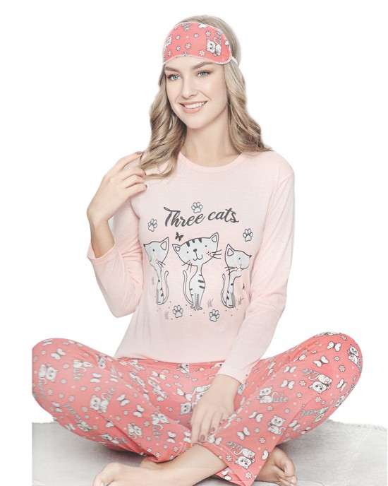 3pcs Women Pajama Sets Long Sleeve Sleepwear Cotton Tops Pants Headband /Neu 