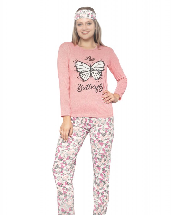 Pink Turkish Women's Pajamas Set - Cozy Crew Neck Sleepwear with Sleep Mask