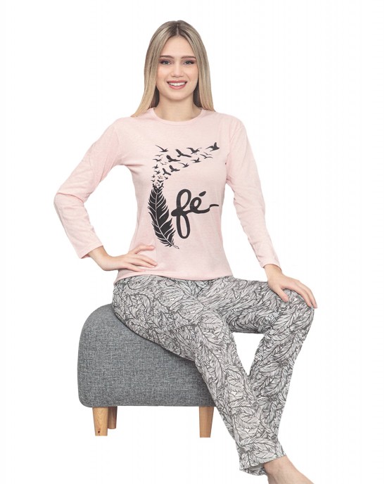 Chic Comfort, Turkish Women's Two-Piece Pajamas Set in Pink and Grey