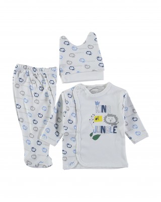 Türk Bebek Giysisi Seti, 3 Parçalı Yenidoğan Giysi Seti – Beyaz ve Mavi 100% Pamuklu Bebek Seti