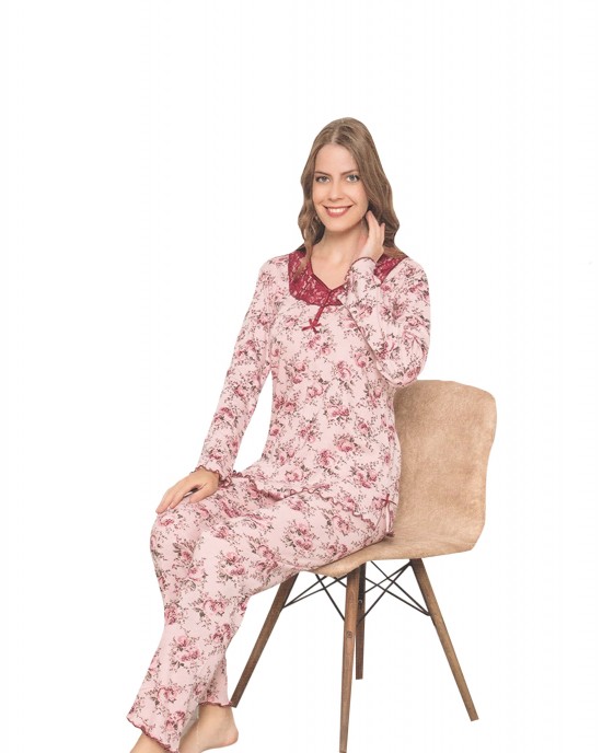  Turkish Women's Crew Neck Pajamas Set with Long Sleeves, Pink Dreams