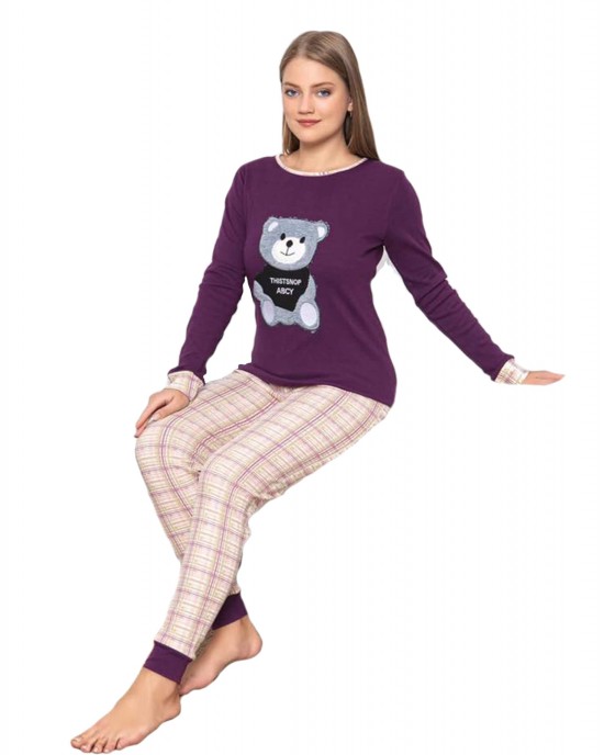 Turkish Women Pajamas, Autumn Interlock Pajamas, Cute Bear PJS