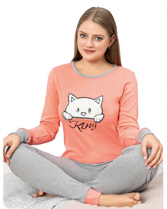 Women's Two-Piece Autumn Interlock Pajamas - Embrace Comfort with a Playful Touch, Kitty PJS