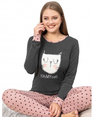 Turkish Women Pajamas, Autumn Interlock Pajamas, Nice Sleeping Cat  PJS