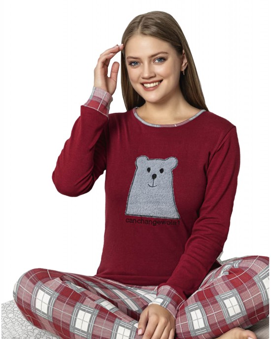 Women's Two-Piece Autumn Interlock Pajama Set - Embrace the Night with Nice Bear Comfort