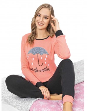 Turkish Women Pajamas, Autumn Interlock Pajamas, Happy Rain PJS