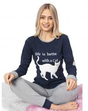 Turkish Women Pajamas, Autumn Interlock Pajamas, Cat Lover PJS