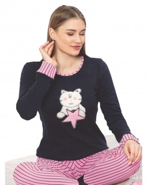 Turkish Women Pajamas, Autumn Interlock Pajamas, Star Cat PJS