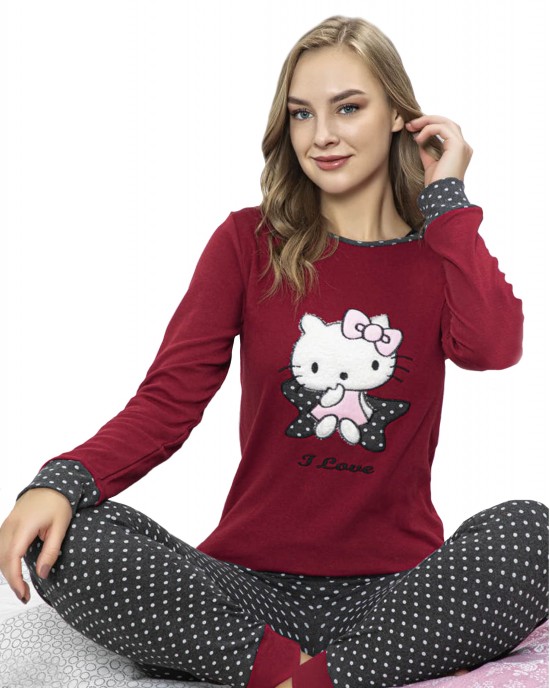 "Snuggle in Style: Women's Lovely Cat Autumn Pajama Set"