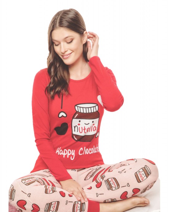 Women's Two-Piece Autumn Interlock Pajamas, Indulge in Comfort with Nutella Chocolate Sweetness