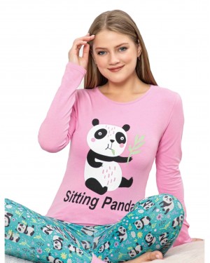 Turkish Women Pajamas, Long Sleeve Summer Pajamas, Two Pieces Sitting Panda PJS