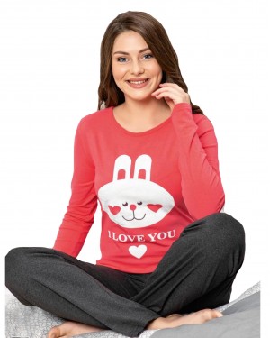Turkish Women Pajamas, Long Sleeve Summer Pajamas, Two Pieces Lover Bunny PJS