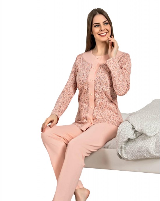 Turkish Elegance, Button-Up Women's Pajama Set in Pink, Chic Comfort