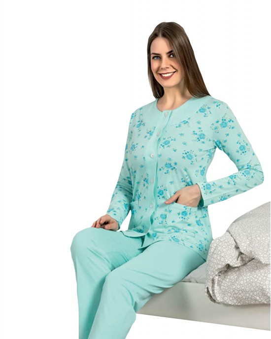 Turkish Women's Long Sleeve Pajamas Set - Stylish and Comfortable Sleepwear in Turquoise