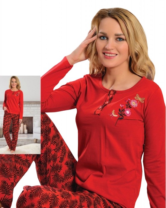 Turkish Women Pajamas Set, Red, Long Sleeves, Crew Neck