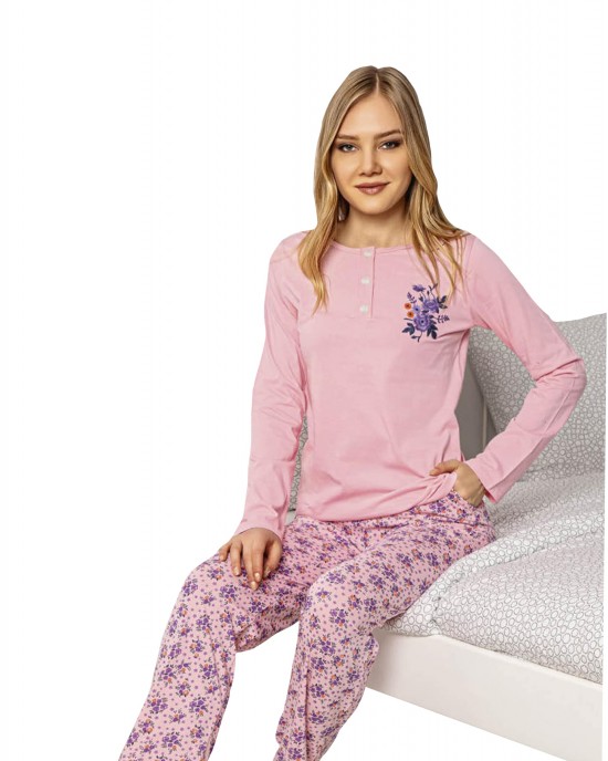 Stylish Pink Two-piece Turkish Women's Pajamas Set, Long Sleeve Sleepwear by Style Turk