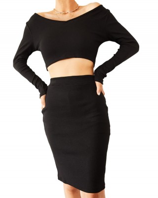 Women's 2 Piece Skirt Set, Long Sleeve Bodycon Elegant Dress Outfits, Turkish Crop Top