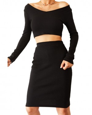 Women's 2 Piece Skirt Set, Long Sleeve Bodycon Elegant Dress Outfits, Turkish Crop Top