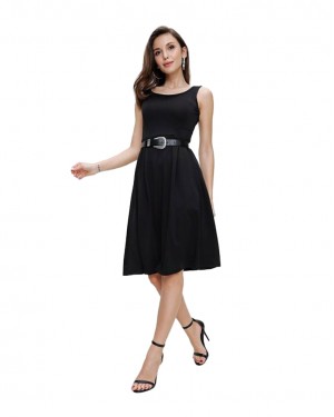 Midi Dress, Knee Length Casual Style Women Dress, Black Color