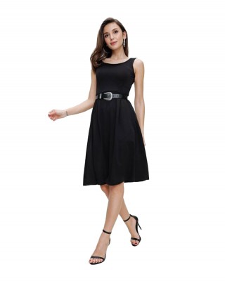 Midi Dress, Knee Length Casual Style Women Dress, Black Color