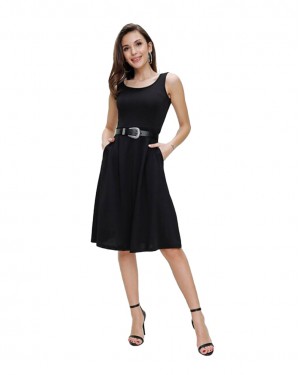 Midi Dress, Knee Length Casual Style Women Dress, Black Color
