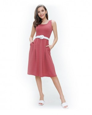 Midi Dress, Knee Length Casual Style Women Dress, Red Color 