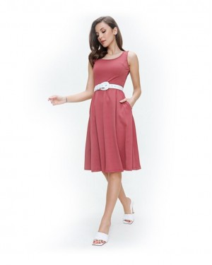 Midi Dress, Knee Length Casual Style Women Dress, Red Color 