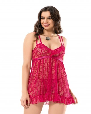 Plus Size Lingerie Babydoll, Turkish Sleepwear Nightgown in Dark Pink