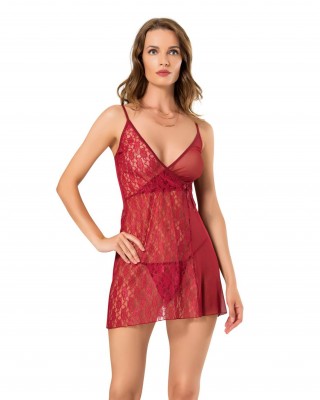 Sexy Lace Bodysuit Deep V Teddy Lace Babydoll in Maroon, Elegant & Comfortable Sleepwear