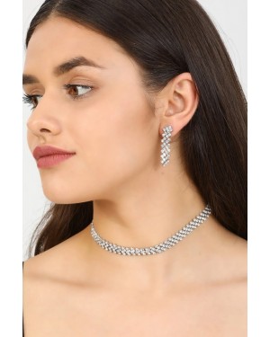 Kadın Diagonal Desen Taşlı Gümüş Elmas Su Yolu Kolye Küpe Akşam Elbisesi Düğün Nişan Kına Söz Gelin Takı Seti