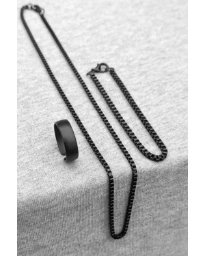 Yüzük Şeklinde Ayarlanabilir Siyah Yüzük Küp Bilezik ve Kolye Seti