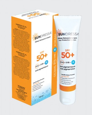 واقي شمس تركي Sundressa, واقي شمس مبيض مضاد للبقع والتصبغات, حماية فريدة من الأشعة تحت الحمراء, واقي شمس عامل حماية SPF 50+ , جميع أنواع البشرة, 100 مل