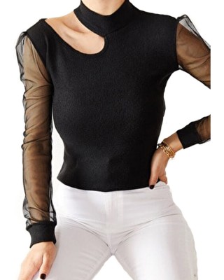 Uzun Kol Dantel Bluz, Günlük Uzun Kollu Gömlek, Bisiklet Yaka Bluz Slotlu Üstler.